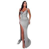 Tsbridal Prom Dresses Satin Mermaid 2024 One Shoulder Long Slit Beaded Formal Evening Party Bridesmaid Gowns for Women