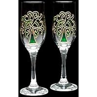 Set of 2 Hand Painted Champagne Flutes in a Green Celtic Tree of Life Design.