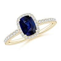 Cushion Shape Blue Sapphire CZ Diamond Solitaire with Accents Ring 925 Sterling Silver 18k Yellow Gold September Birthstone Gemstone Jewelry Wedding Engagement Women Birthday Gift