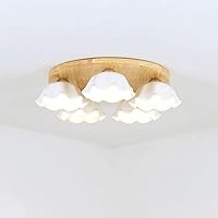 Circle Wood Art Ceiling Lamp with White Ceramic Flowers Light Shade, Wooden Geometric Pendant Lamps Hallway Lighting Fixture Ceiling Mount E27 Home Decor for Living Dining Room Bedroom