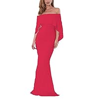 Women's Off The Shoulder Slim Cocktail Party Dress Batwing Cape Irregular Long Evening Dresses