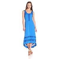 Women's Sleeveless Maxi Dress with Lace Insets High Low Hem