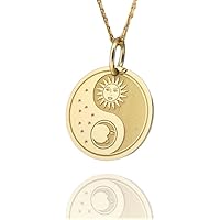 14K Solid Gold Yin Yang Sun Moon Pendant, Sun And Moon Necklace