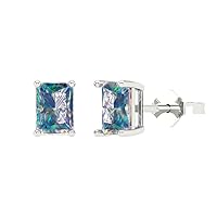 1.1ct Emerald Cut Solitaire Genuine Blue Moissanite Pair of Stud Designer Earrings Solid 14k White Gold Butterfly Push Back