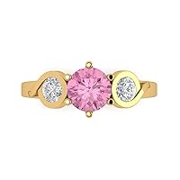 1.82ct Round Cut 3 stone Solitaire Pink Simulated Diamond designer Modern Statement with accent Ring Solid 14k Yellow Gold