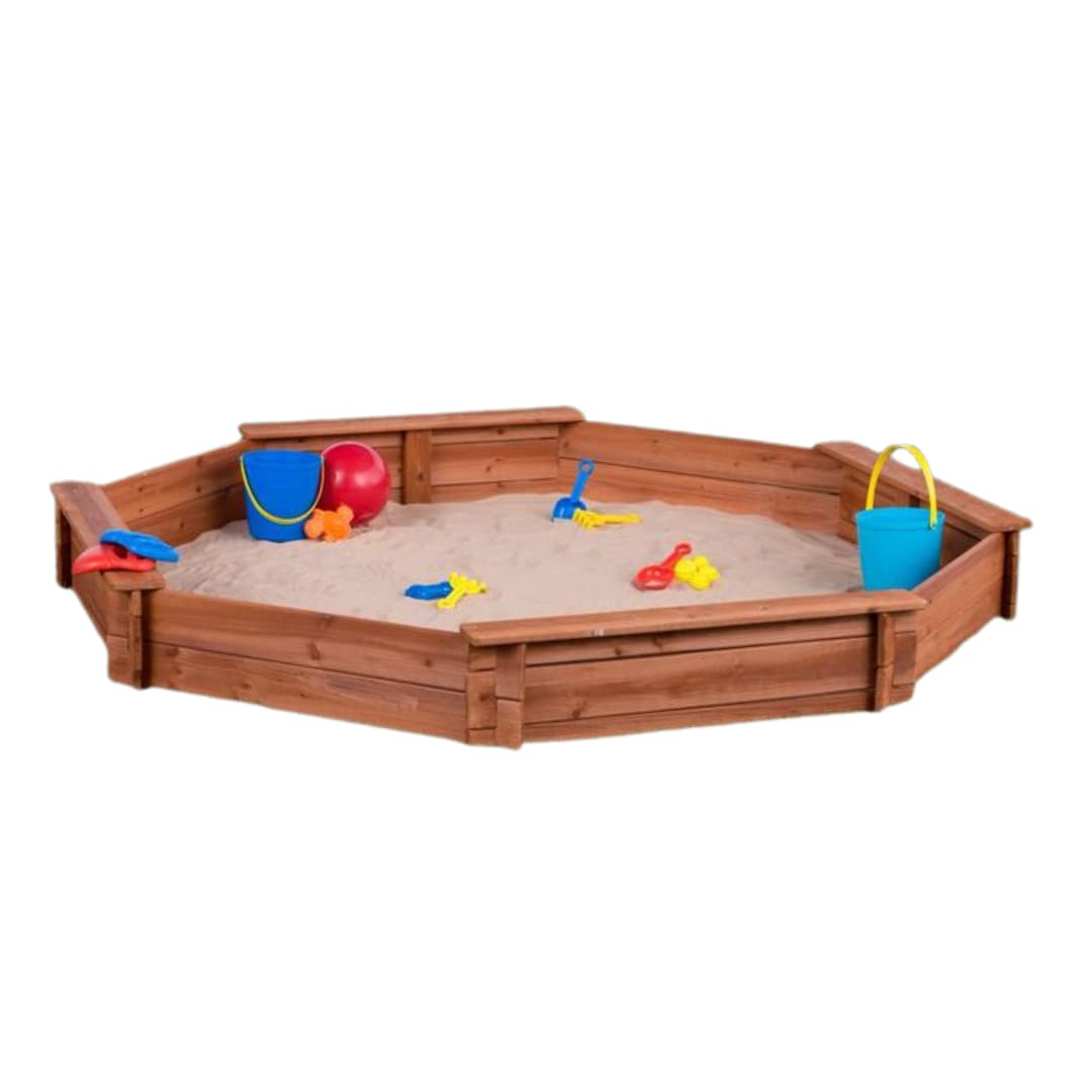 Octagon Wooden Cedar Sand box w Seat Boards | Eco-Friendly Cover & Ground Liner | 84