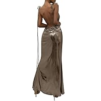 Women's Sexy Metallic Lace Up Backless Dress Faux Pu Leather Spaghetti Strap Sleeveless Bodycon Maxi Dresses