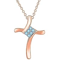 Created Round Cut Blue Topaz Gemstone 925 Sterling Silver 14K Gold Over Diamond Swirl Cross Pendant Necklace for Women's & Girl's