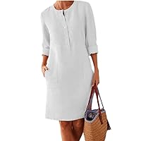 Cotton Linen Dresses for Women,2023 Spring Summer Casual Loose Long Sleeve Button Down Midi Dress,Trendy Dress