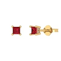 0.6ct Princess Cut Solitaire Genuine Simulated Red Ruby Pair of Stud Designer Earrings Solid 14k Yellow Gold Push Back