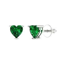 0.94cttw Heart Cut Solitaire Genuine Simulated Green Emerald Unisex Pair of Designer Stud Earrings 14k White Gold Screw Back