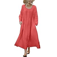 Women's Flowy Linen Long Sleeve Round Neck Midi Dress - Casual Pleated Solid Bohemian Beach Dress with Pockets