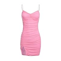 Women's Dress Dresses for Women Ruched Split Hem Mesh Bodycon Dress (Color : Pink, Size : Medium)