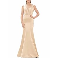 Trumpet/Mermaid Fashion Evening Dress V Neck Sleeveless Floor Length Satin Bridesmaid Dress with Pleats 2024