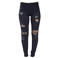 Andongnywell Women's Skinny Destroyed Ripped Hole Pants Leopard Patchwork Length Jeans High Waisted Stretch Pencil Jean