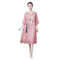 Embroidery Vintage Loose Chinese Style Dress Women Summer Three-Quarter Sleeve Casual Chiffon Dresses Female