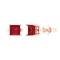 2.0 ct Princess Cut Solitaire Simulated Ruby Pair of Stud Everyday Earrings Solid 18K Pink Rose Gold Butterfly Push Back
