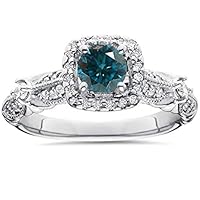 1.50 Ct Round Blue Diamond Cushion Shape Halo Wedding Engagement Ring 14K White Gold Over