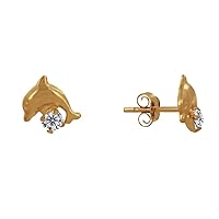 Gold Plated Earrings Dolphin and One Rhinestone