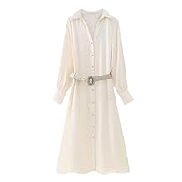 Women Solid Color Soft Satin Midi Shirt Dress Female Chic Single Breasted Buckle Sashes A Line Vestidos