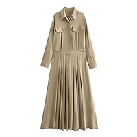 Woman' Spring Long Dress Solid Turn-Down Collar Sleeves Pockets Single Female Casual Pleated