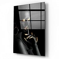 Silent Black Woman With Golden Earring Lips And Golden Painted Fingers Tempered Glass Wall Art Perfect Modern Decor Fabulous New Year Gift Glass UV Printing Durable Product (70x110 cm (27x43 inches))