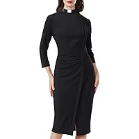 BLESSUME Catholic Church Women Clergy Tab Collar Dress 3/4 Sleeve Ruched Elegant Business Pencil Sheath Dress