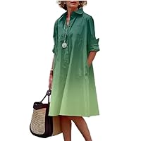 Women's Cotton Linen Button Down Shirt Dress V Neck Loose Fit Shirt Dresses with Pockets