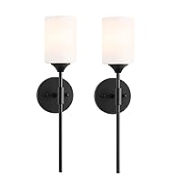 Mid Century Modern Wall Lamp 2 Pack with White Cylinder Glass Shades Matte Black Wall Sconce Bathroom Vanity Lighting Industrial Farmhouse Wall Light Fixtures for Mirror Bedroom Living Room
