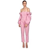 Women's Off Shoulder Jumpsuits Evening Dresses with Detachable Skirt Long Sleeves Satin Prom Gowns Pants Light Pink