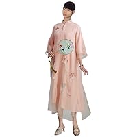 Women's Silk Half Sleeve Midi Dress Side Slit Mockneck Party Dresses Lotus Embroidery Pink Qipao 2728