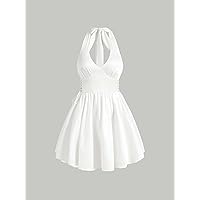 Dresses for Women Grommet Lace Up Halter Neck Backless Dress (Color : White, Size : X-Small)