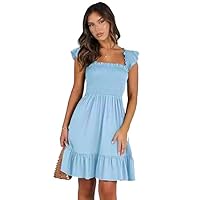 Sleeveless Square Neck Pleated Halter Dress Short (US, Alpha, X-Large, Regular, Regular, Blue)