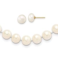 14ct Gold 7 8mm Near Round White Freshwater Cultured Pearl Necklace and Button Earrings Set Jewelry for Women