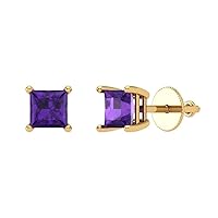 0.9ct Princess Cut Solitaire Natural Amethyst Unisex Designer Stud Earrings 14k Yellow Gold Screw Back conflict free Jewelry