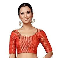 Women's Party Wear Bollywood Polyester Brocade Readymade Style Saree Blouse Elbow Sleeves