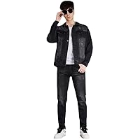 Men Black Embroidery Denim Jacket Jeans Two Piece Sets Casual Slim Fit Cowboy Cargo Work Outfits Matching Suit