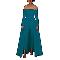 Women's Off Shoulder Jumpsuits Prom Dresses with Detachable Train Long Sleeves Floor Length Evening Gowns Lake Blue