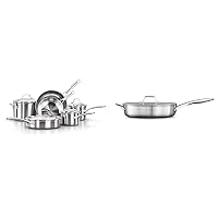 Calphalon 10-Piece Pots and Pans Set, Stainless Steel Kitchen Cookware with Stay-Cool Handles and Pour Spouts, Dishwasher Safe, Silver & Saute Pan with Lid, 5 QT, Silver
