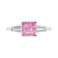 1.59ct Square Emerald Baguette cut 3 stone Solitaire Pink Simulated Diamond designer Modern Statement Ring 14k White Gold