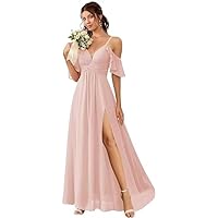 Off The Shouluder Bridesmaid Dresses with Slit Chiffon Empire Waist Pleated Formal Dresses