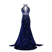 2024 High Neck Velvet Prom Dresses Rhinestones Crystal Keyhole Neck Mermaid Formal Evening Gowns