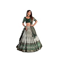 Green Colour Tussar Silk Lehenga In Ikkat Print With foil work