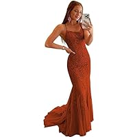 Spaghetti Straps Prom Dress Lace Applique Bodycon Party Dress for Women Mermaid Long Evening Gown with Train BU134
