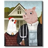 Chicken and Pig Farmers Holding Pitchfork Picture on Stretched Canvas Wall Art, Ready to Hang!