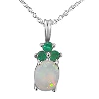 Ladies Solid 925 Sterling Silver Natural Opal and Emerald Contemporary Pendant Necklace