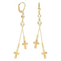 10k Yellow Gold Womens CZ Cubic Zirconia Simulated Diamond Cross Religious Beaded Dangle Leverback Earrings Jewelry for Women
