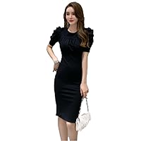 Women Dress | Short Puff Sleeve | Knee Length | Round Neck | Cocktail Evening Party | Professional Workwear