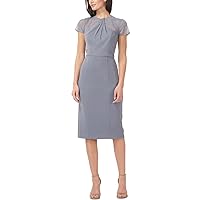 Womens Gray Stretch Pleated Zippered Kick Pleat Lined Short Sleeve Illusion Neckline Knee Length Wear to Work Sheath Dress 14
