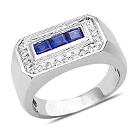 The Diamond Deal 10k SOLID White Gold Men’s Round Shaped 3-Stone Lab-Created Sapphire Gemstone and 1/4Cttw Diamond Wedding Band Ring Father’s day Ring for men